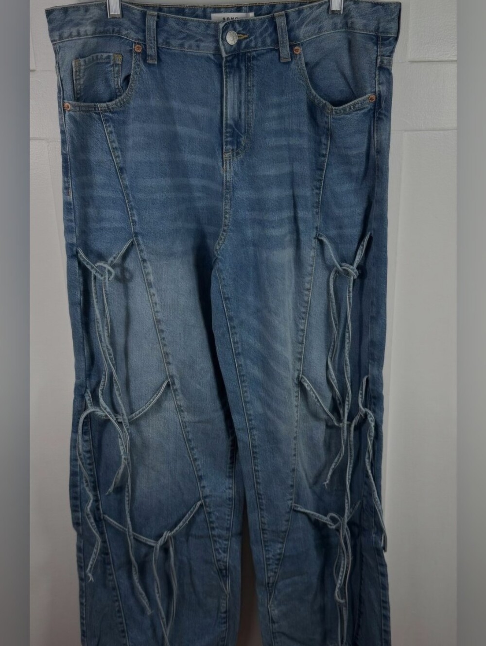 S.O.N.G Blue Lace Up Distressed Wide Leg Jeans